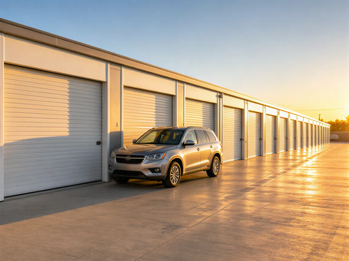 Eine Reihe weißer Garagentore eines Lagerhauses in der Abendsonne, davor parkt ein silbernes Auto.