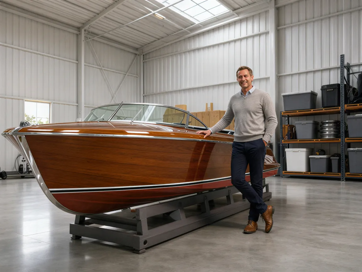 Eine Person steht neben einem antiken Holzboot in einer hellen, modernen Industriehalle mit Betonboden.