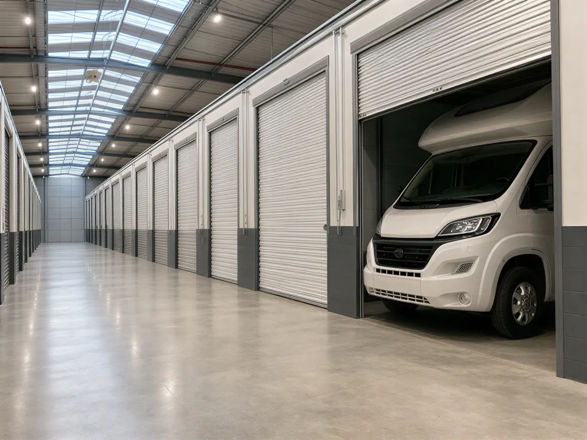 Eine saubere Lagerhalle mit Reihen identischer Rolltore, ein Wohnmobil ist in einer geöffneten Box sichtbar.