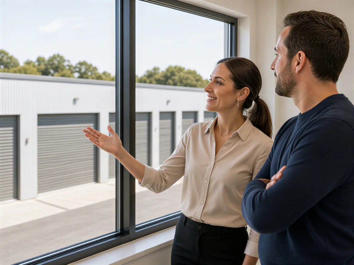 Ein Mann und eine Frau in modernem Büro besprechen vor einem Fenster mit Blick auf ein Lager.