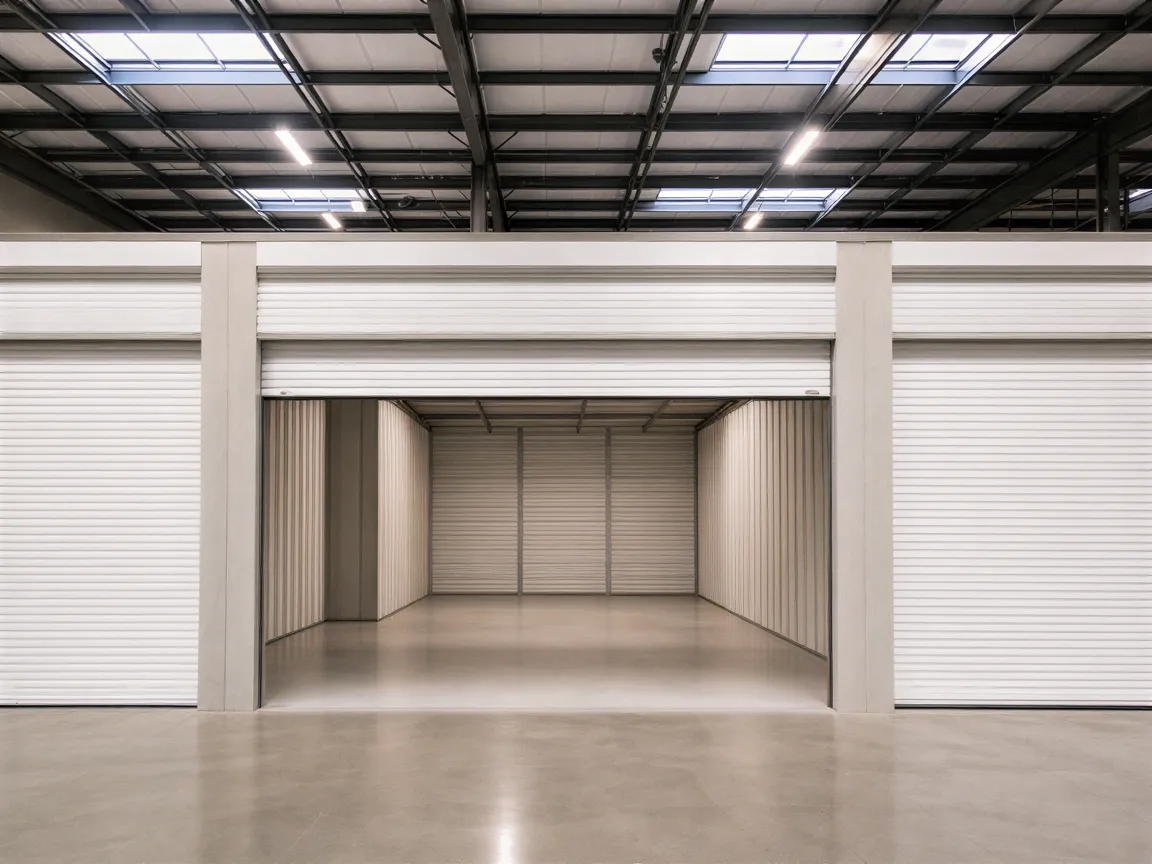 Eine Reihe großer Rolltore in einer modernen Lagerhalle, ein Tor ist geöffnet und zeigt einen leeren, sauberen Innenraum.