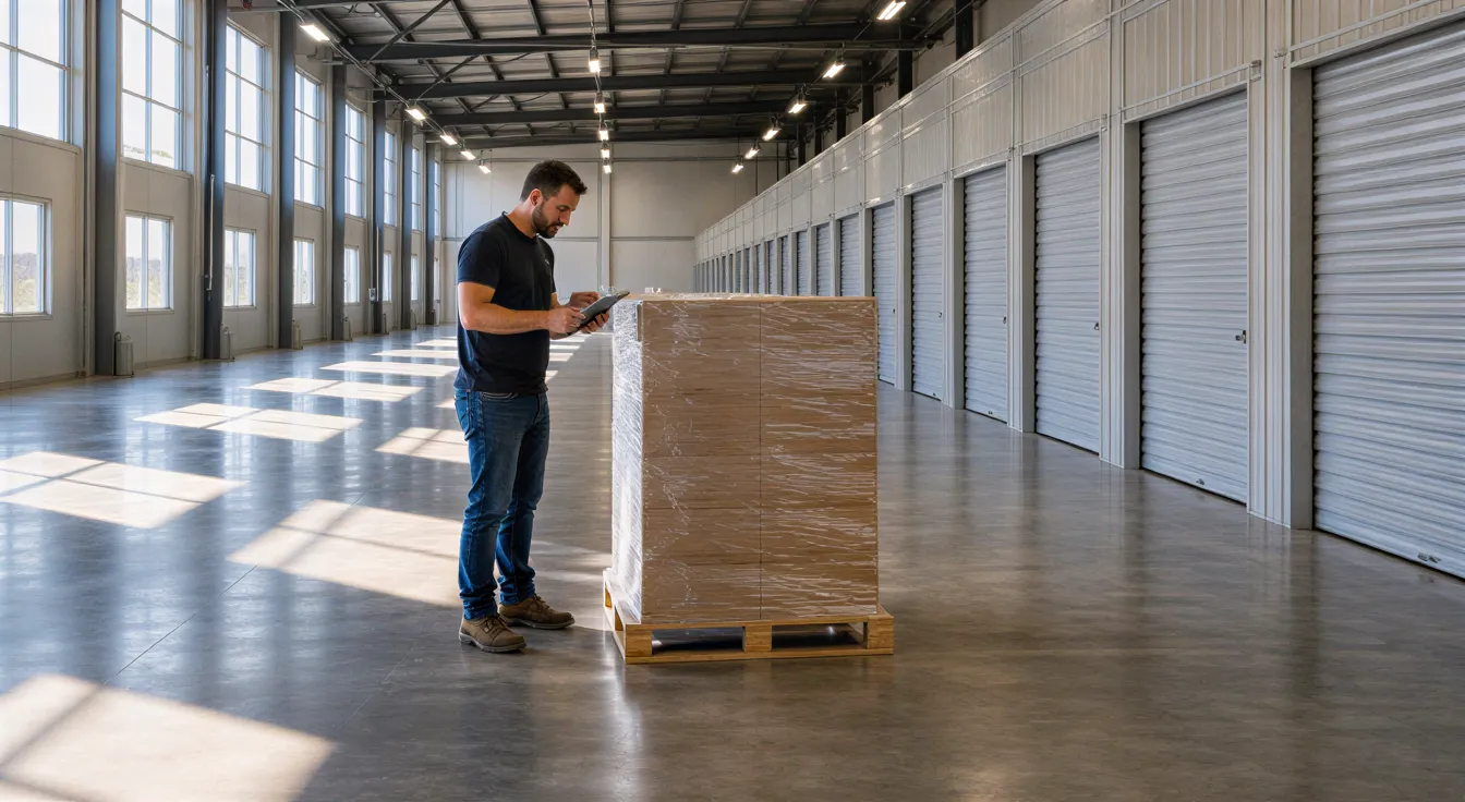 Eine Person in Arbeitskleidung prüft eine Palette in einer hellen, geordneten Lagerhalle mit hohen Decken.