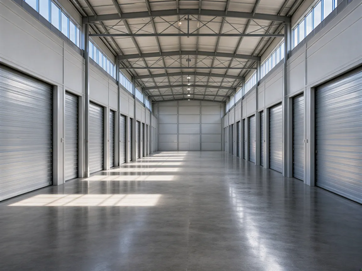 Eine moderne Lagerhalle mit leeren Betonboden und langen Reihen geschlossener Metallrolltore unter hohen Decken.
