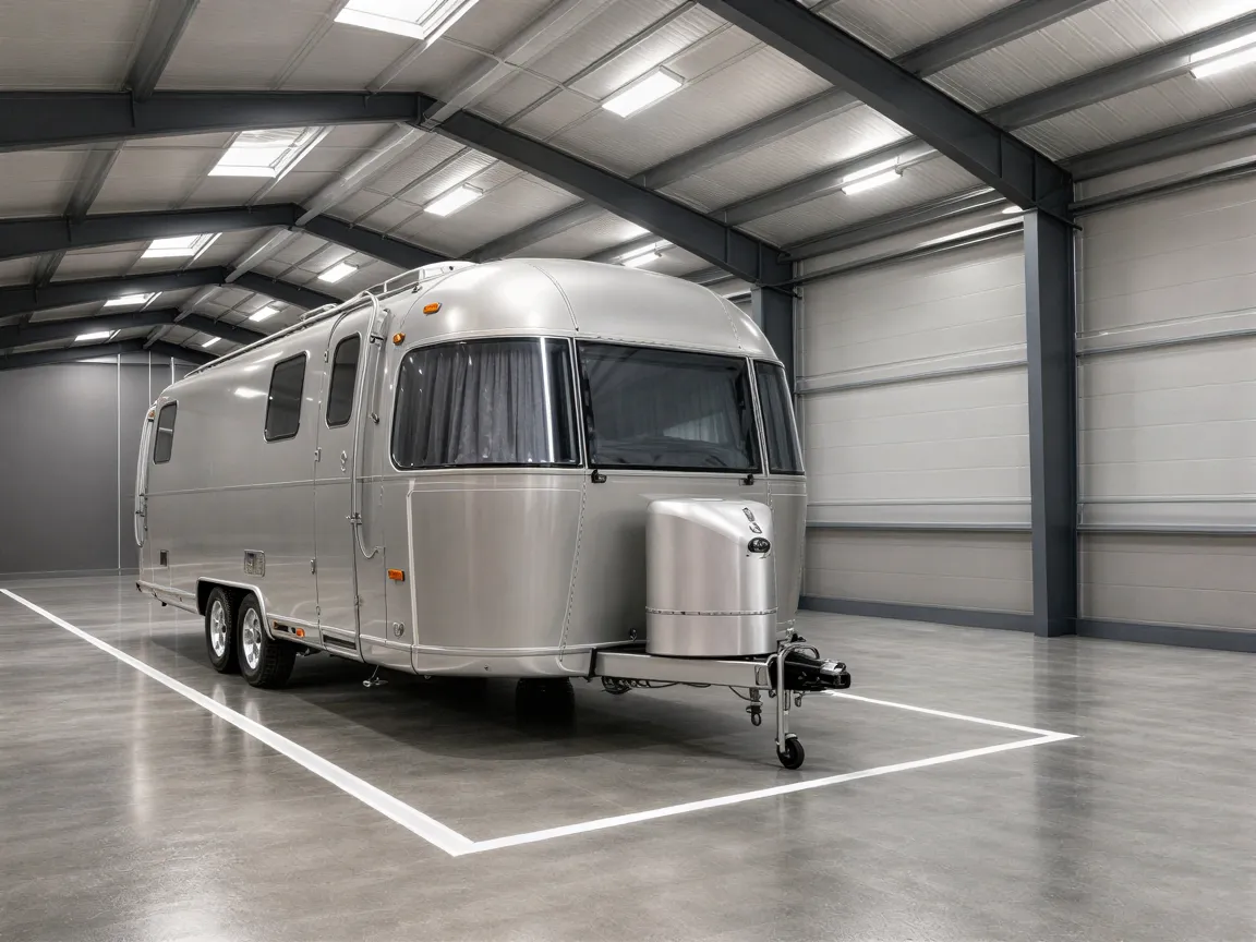 Ein silberner Wohnwagen steht sauber in einer hellen, modernen Industriehalle mit poliertem Betonboden.