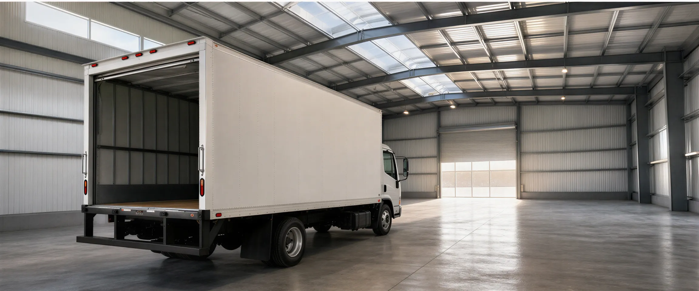 Ein leerer Mietwagen in einer sauberen Industriehalle mit Betonboden und Metallwänden