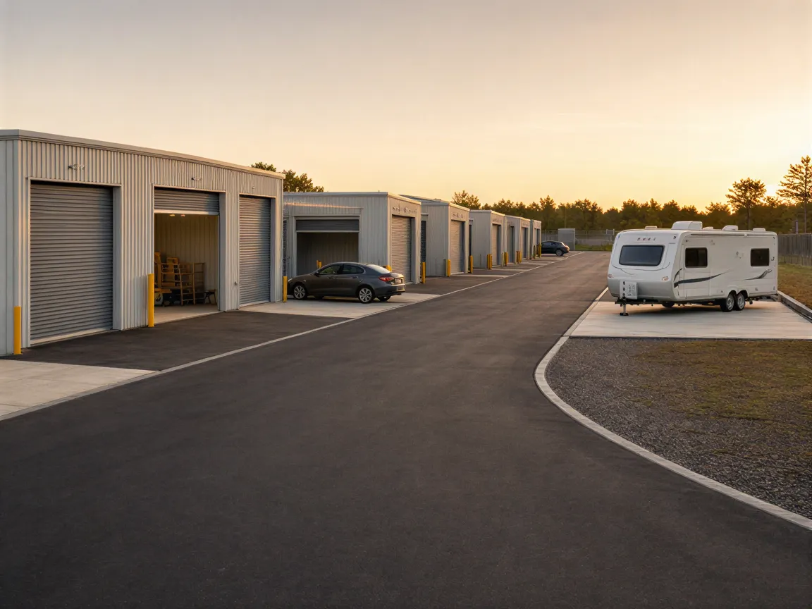 Eine Reihe moderner Garagentore vor einem asphaltierten Parkplatz mit einem Privatjet und Hubschrauber im Hintergrund.