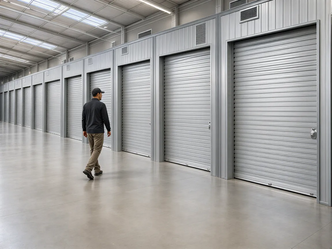 Eine Person führt eine Routinekontrolle in einer sauberen, modernen Industriehalle mit hohen Decken und Metallregalen durch.