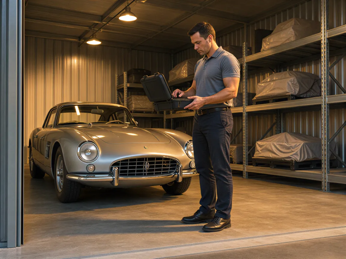 Ein Lagerverwalter inspiziert ein glänzendes Oldtimer-Sportauto in einem sauberen, modernen Industrielager.