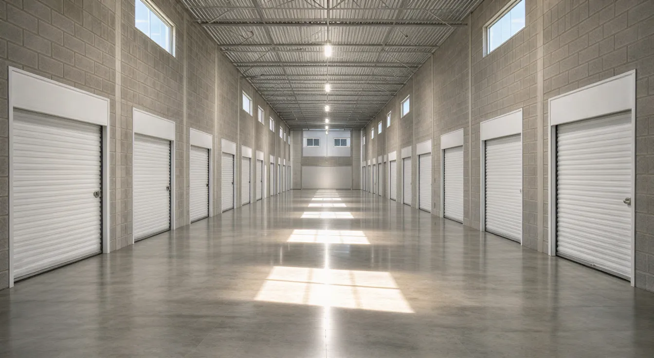 Eine Reihe weißer Garagentore in einem sauberen, hellen Industrielager mit Betonboden und hohen Fenstern.